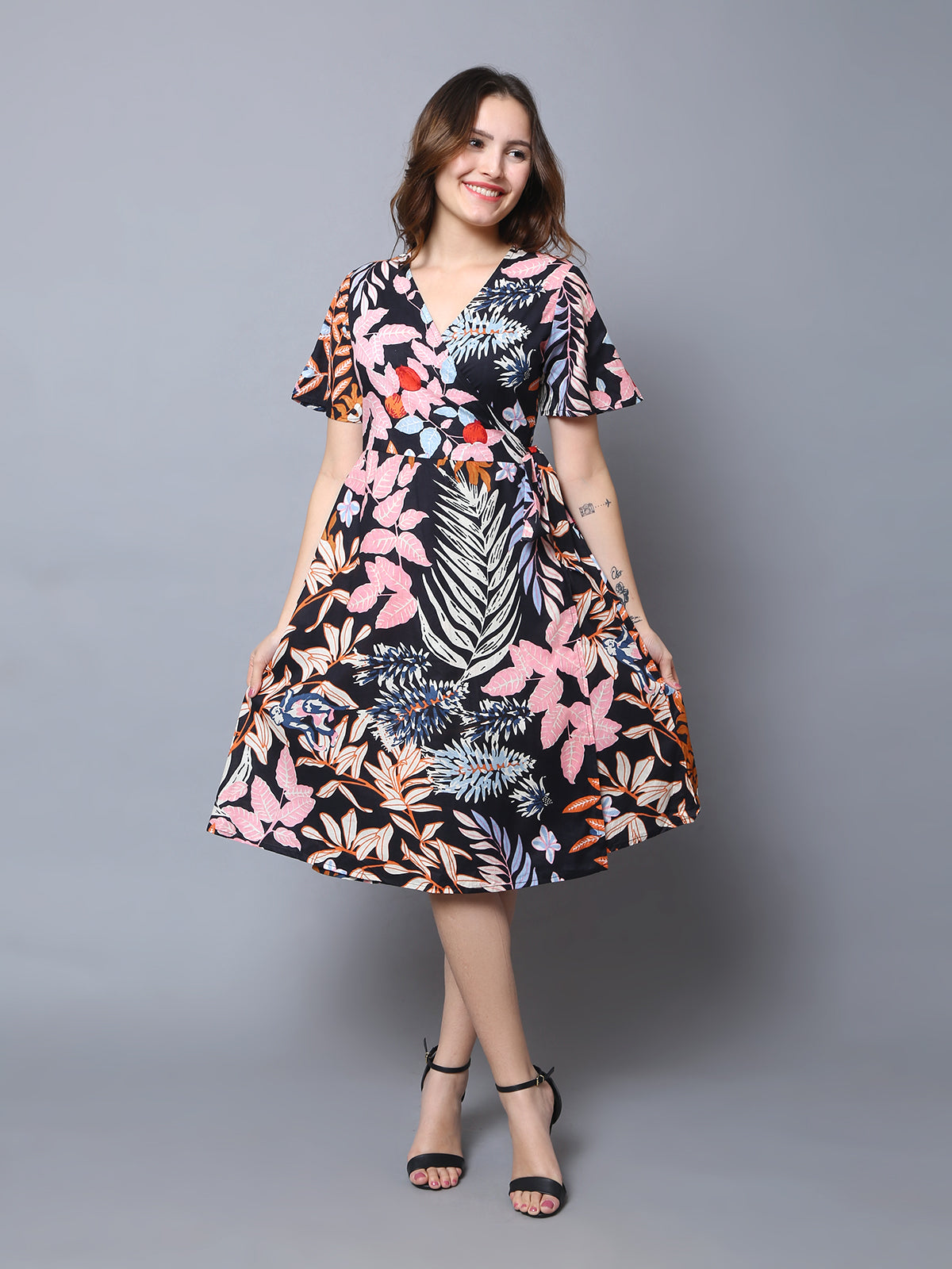 Black Printed Wrap Around Dress