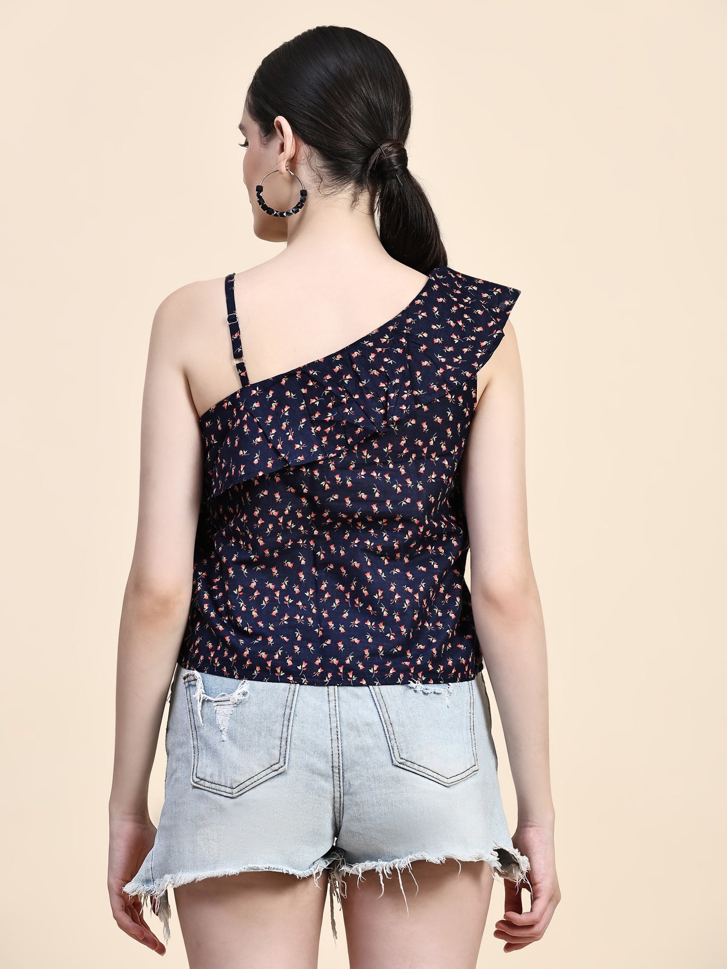 Navy Asymmetrical Neck Crop Top