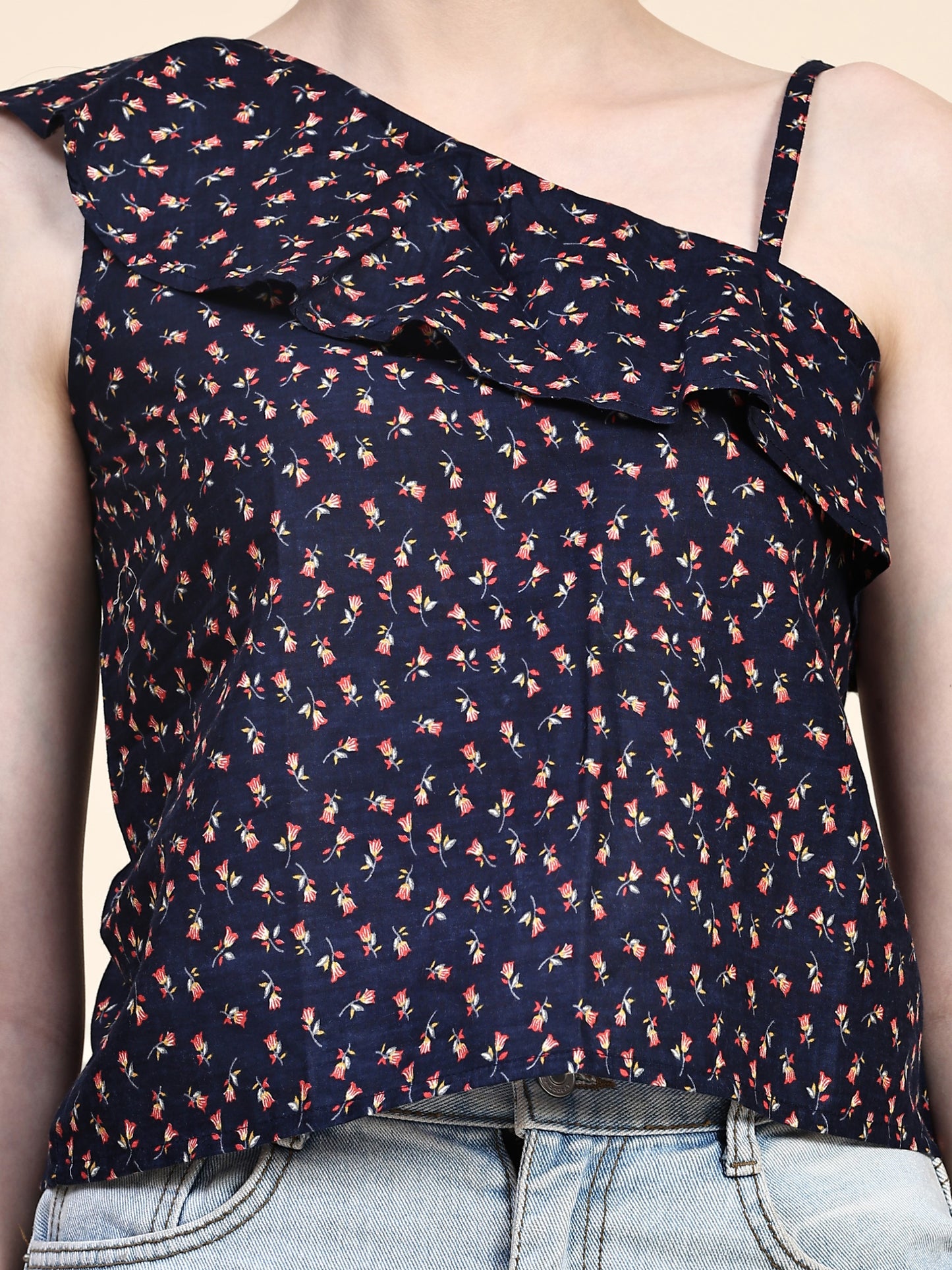 Navy Asymmetrical Neck Crop Top