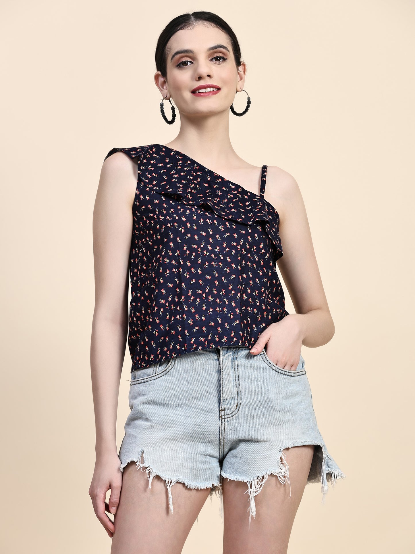 Navy Asymmetrical Neck Crop Top