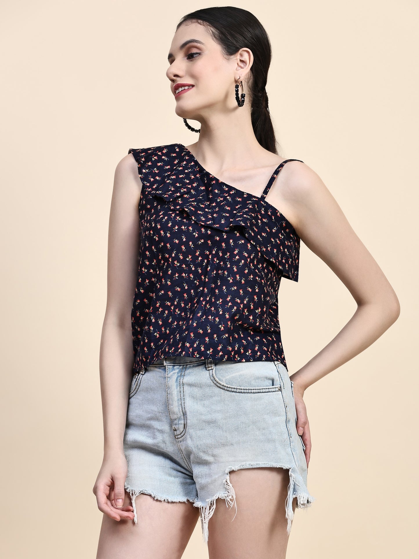 Navy Asymmetrical Neck Crop Top