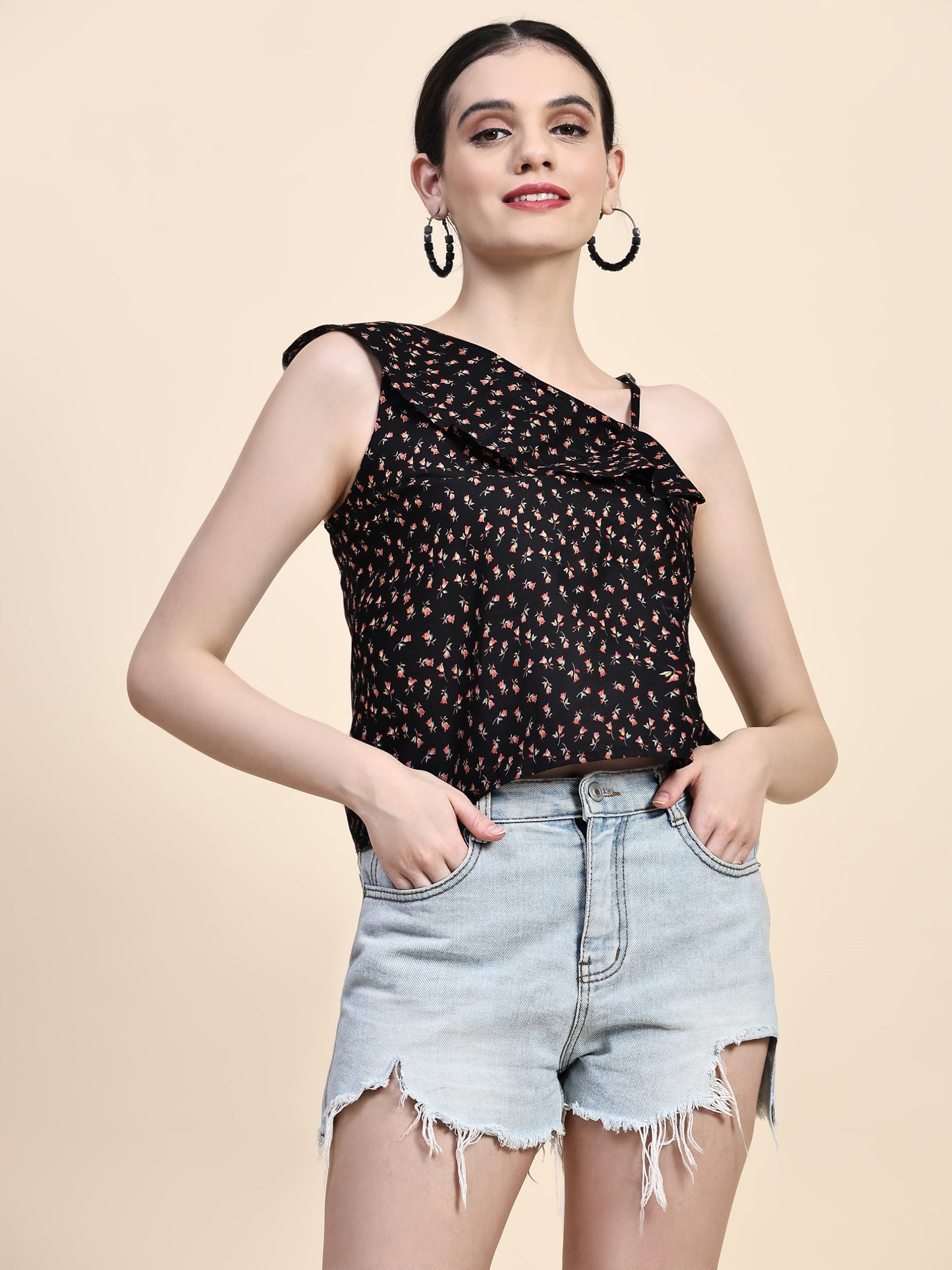 Black Asymmetrical Neck Crop Top