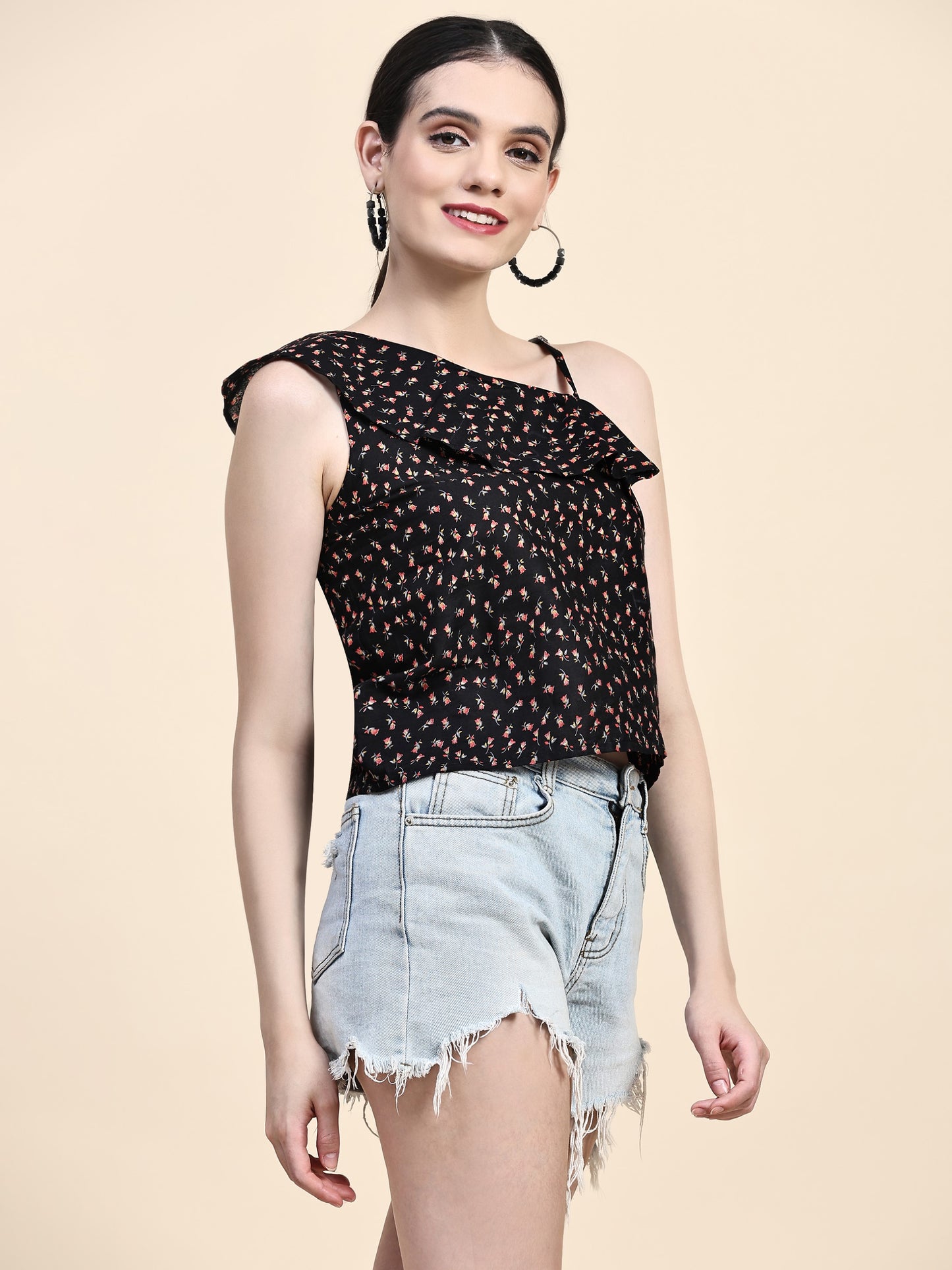 Black Asymmetrical Neck Crop Top