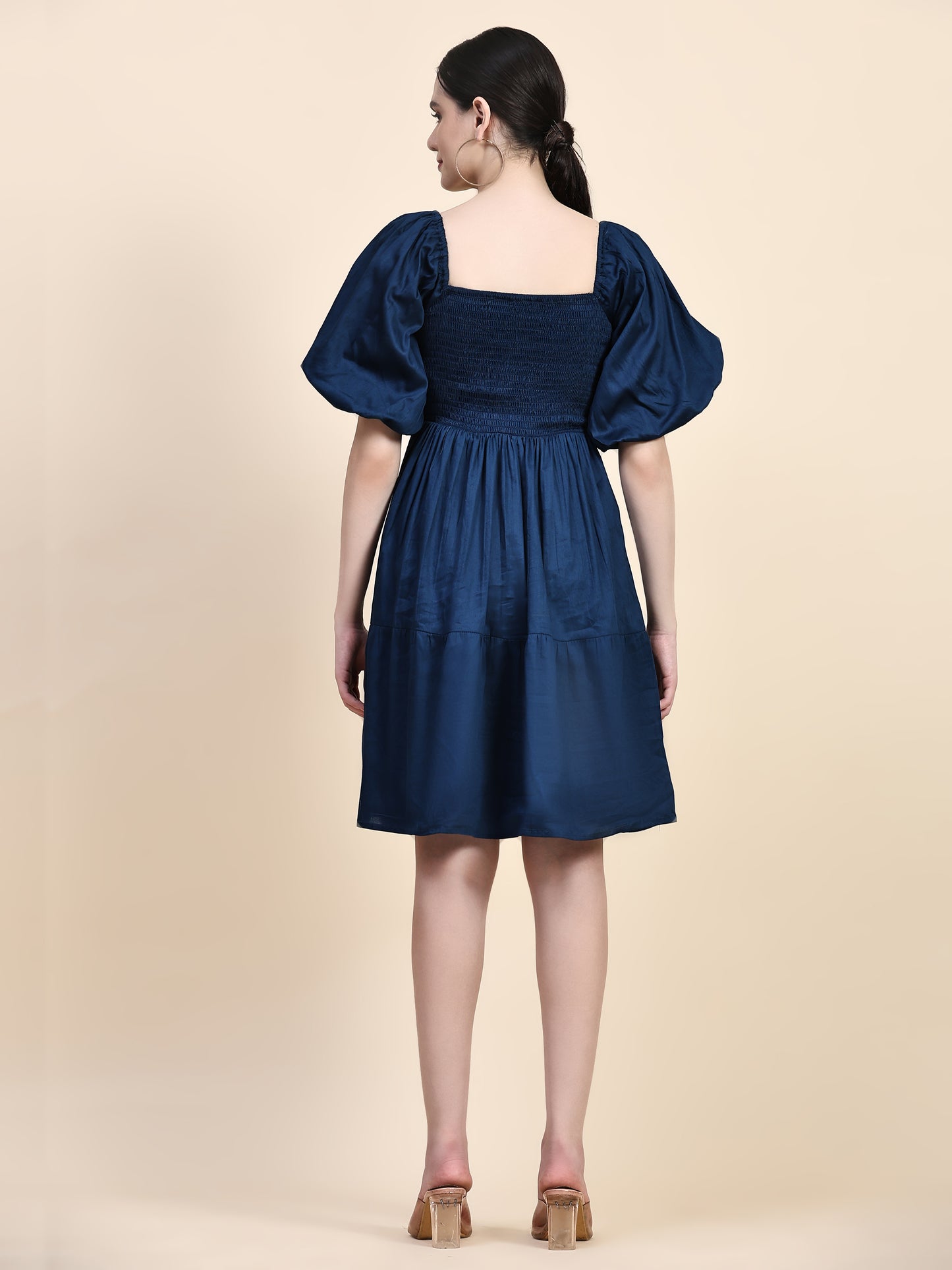 Blue Puff Sleeves Smoking Dress
