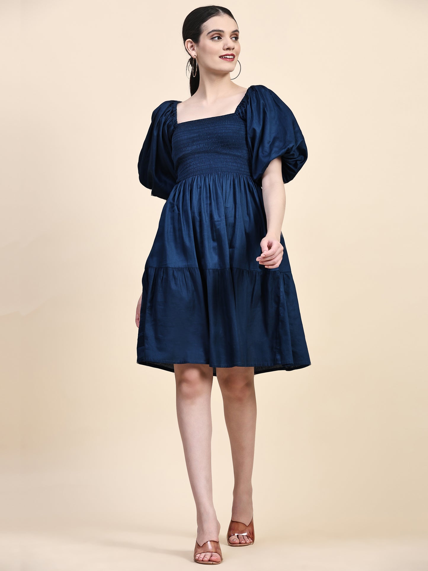Blue Puff Sleeves Smoking Dress
