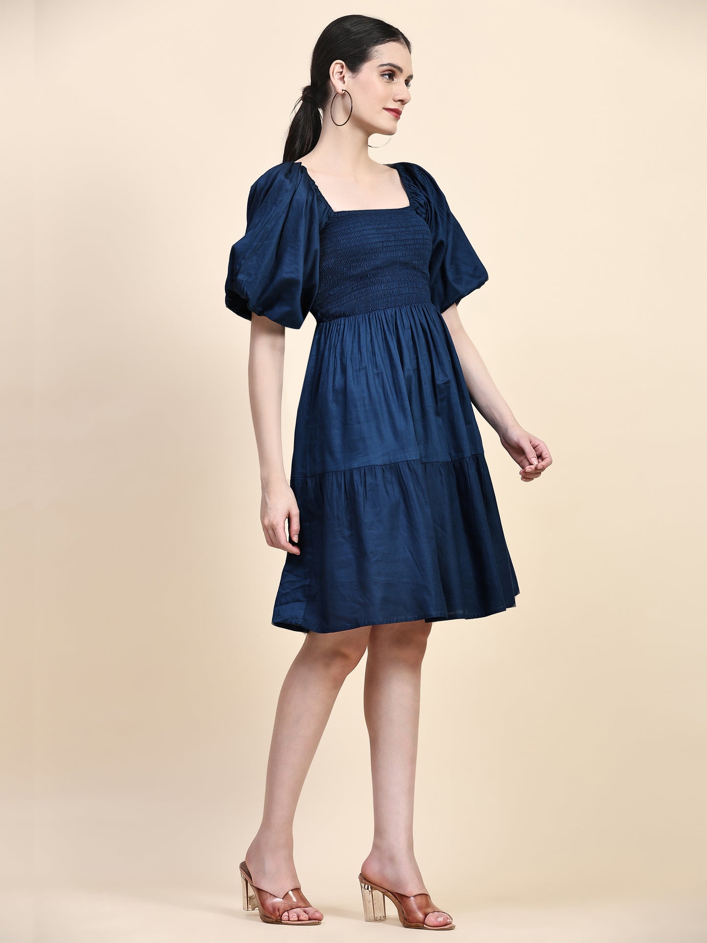 Blue Puff Sleeves Smoking Dress