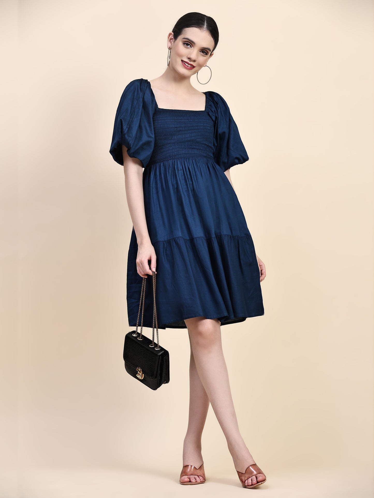 Blue Puff Sleeves Smoking Dress