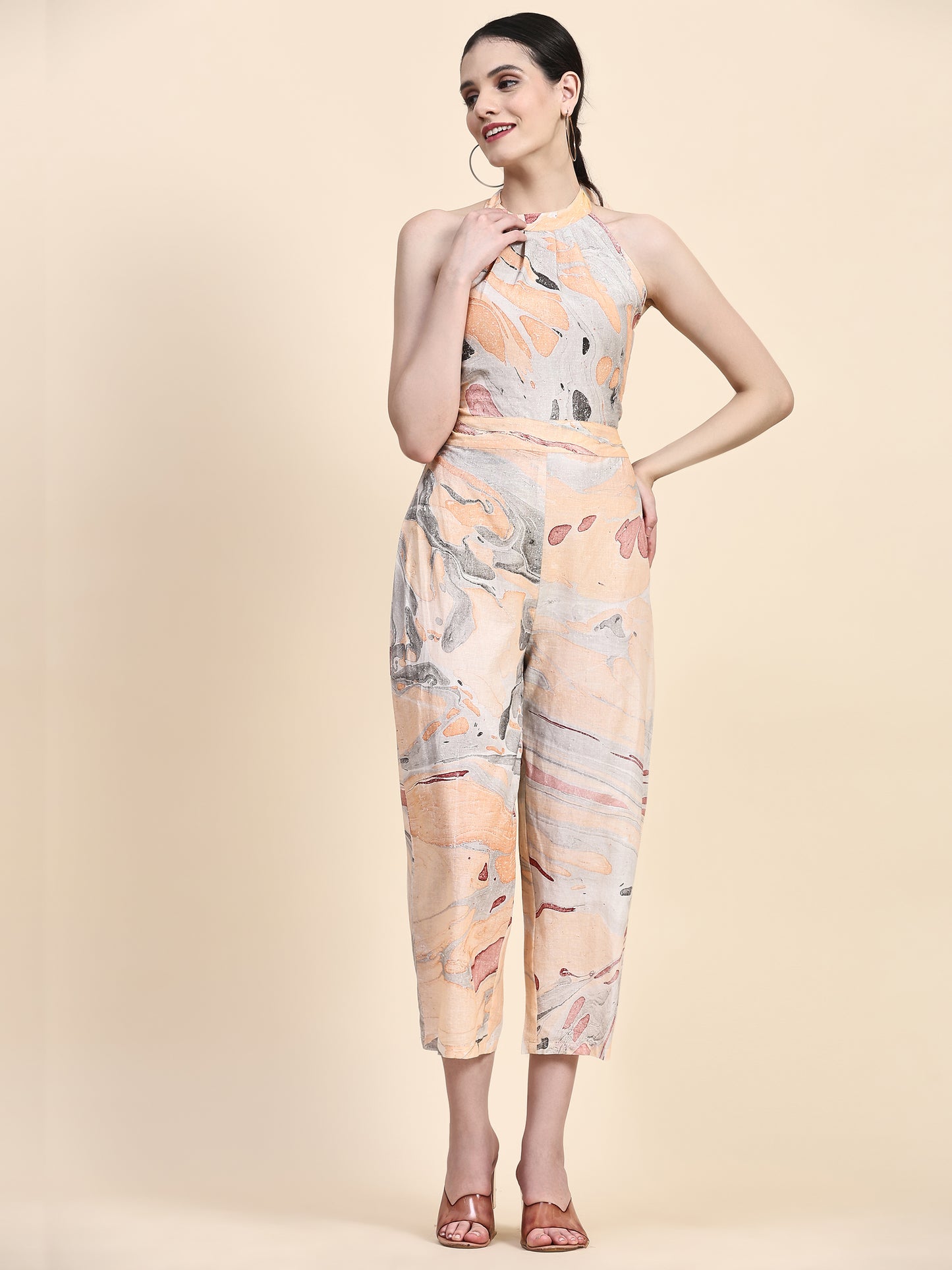Orange And Grey Back Tie Up Jumpsuit