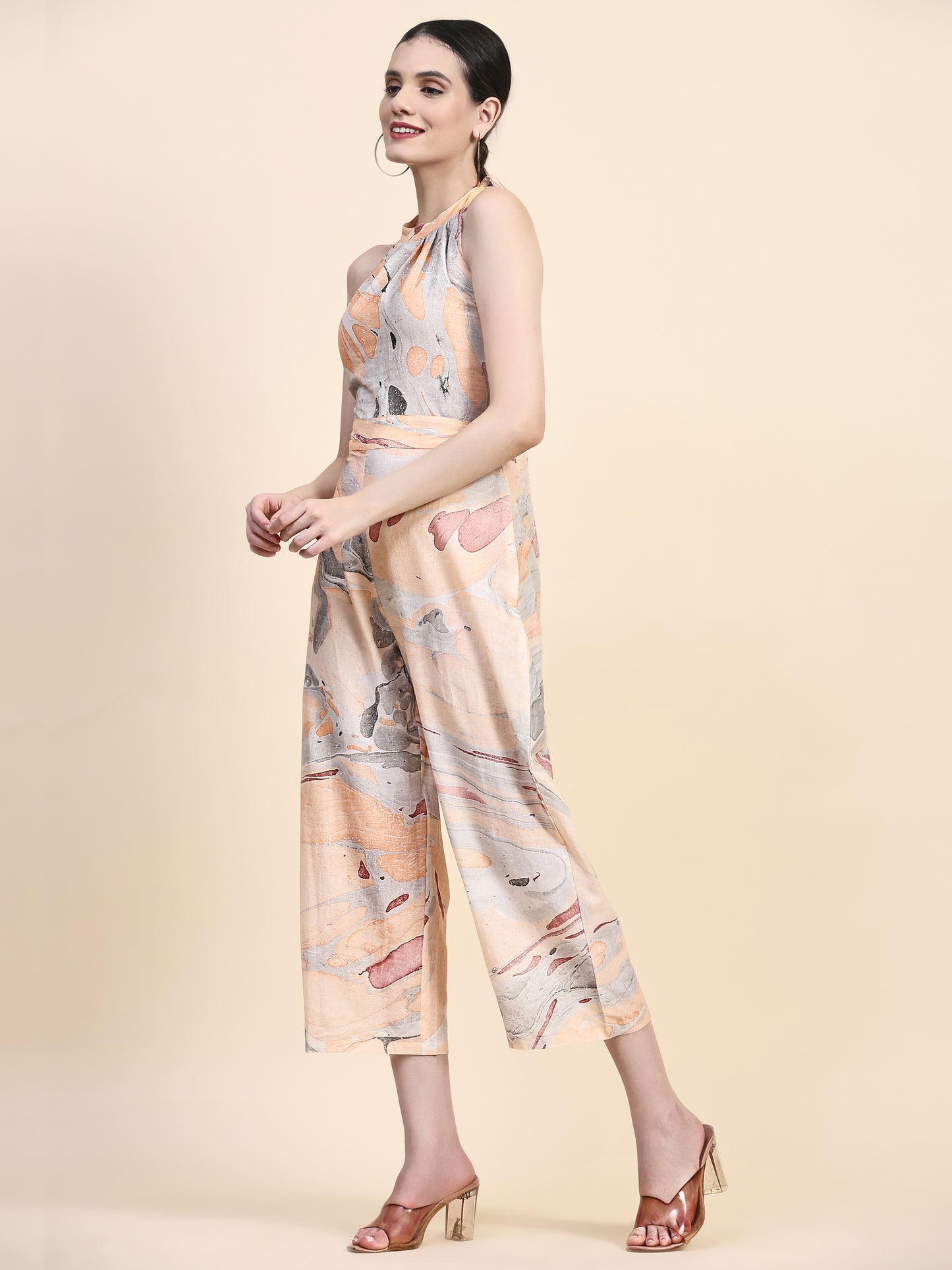 Orange And Grey Back Tie Up Jumpsuit