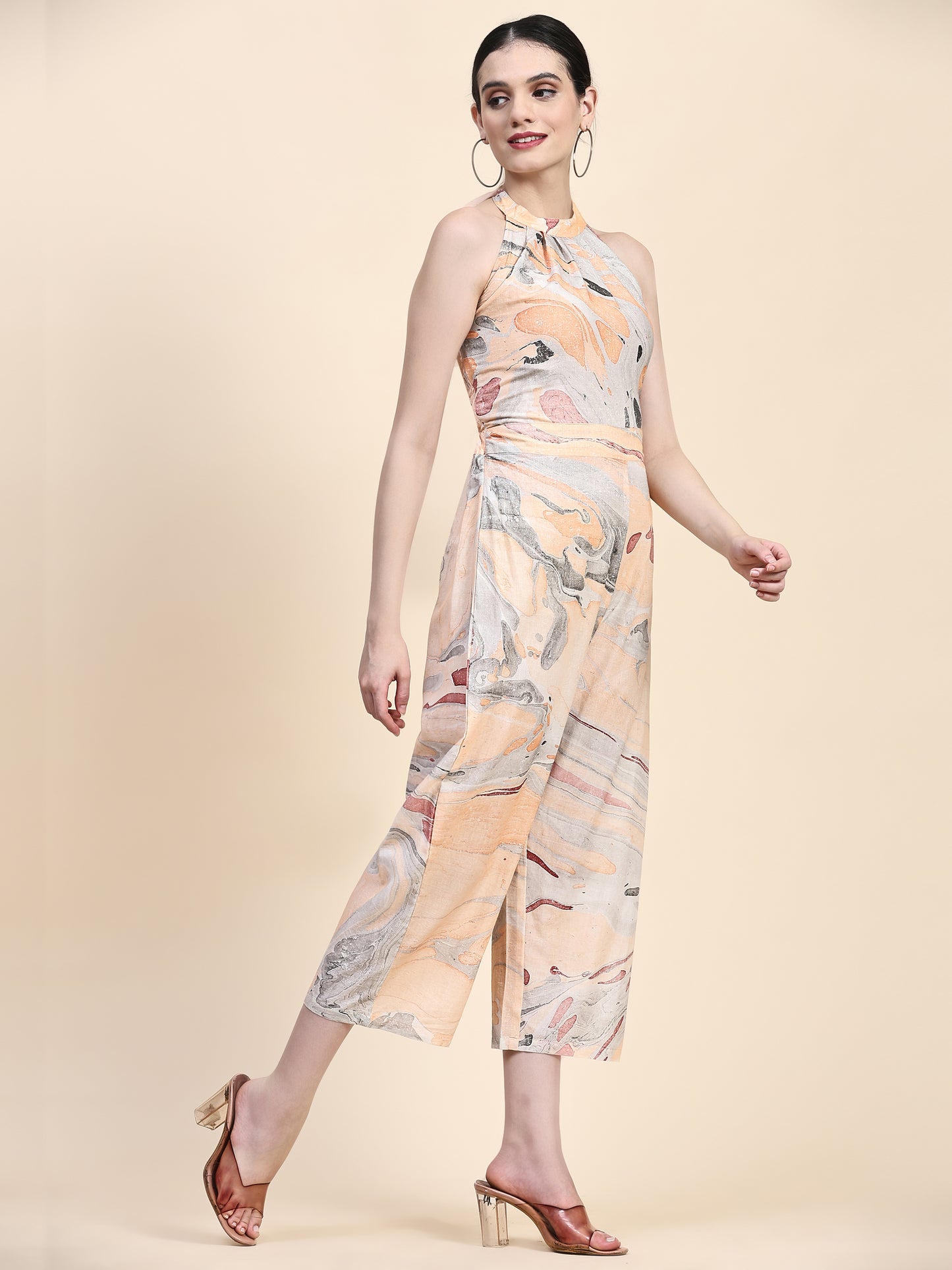 Orange And Grey Back Tie Up Jumpsuit