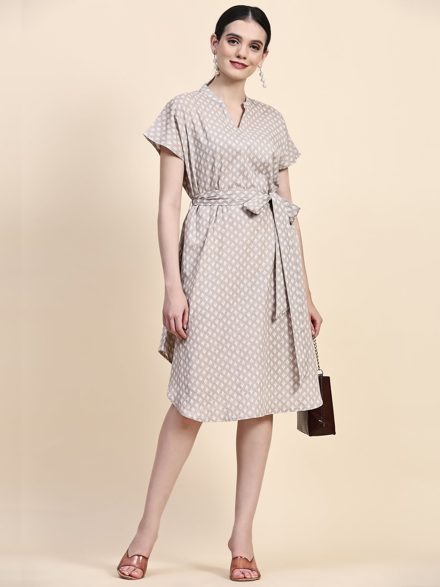 Brown Band Collar Oversized V Neck Belted Knee Dress