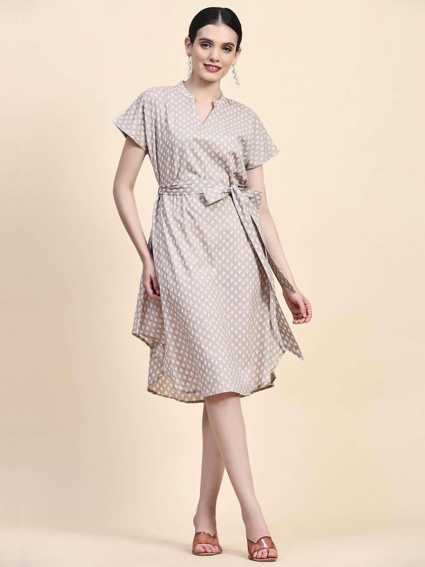 Brown Band Collar Oversized V Neck Belted Knee Dress