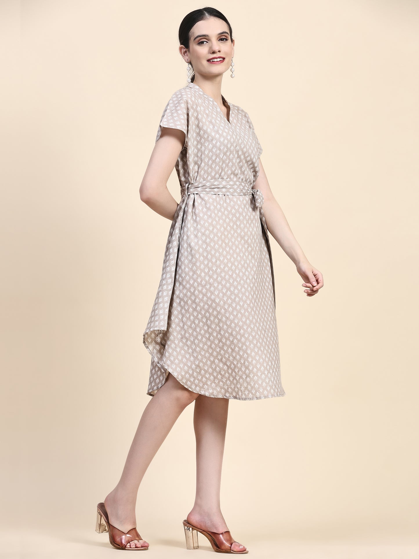 Brown Band Collar Oversized V Neck Belted Knee Dress