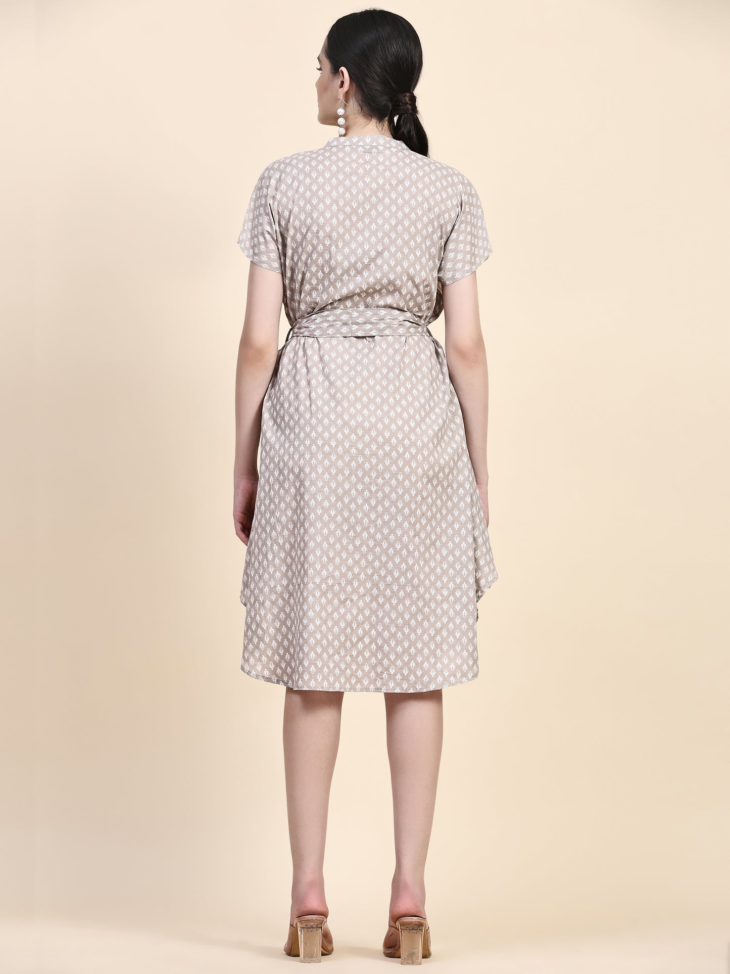 Brown Band Collar Oversized V Neck Belted Knee Dress