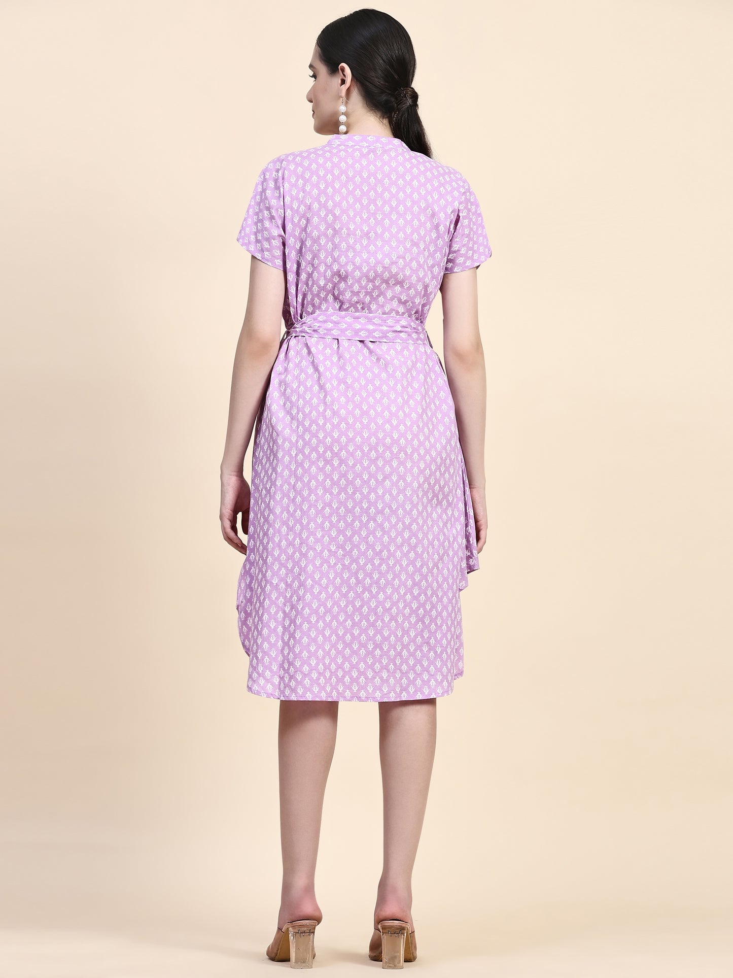 Lavender Band Collar Oversized V Neck Belted Knee Dress