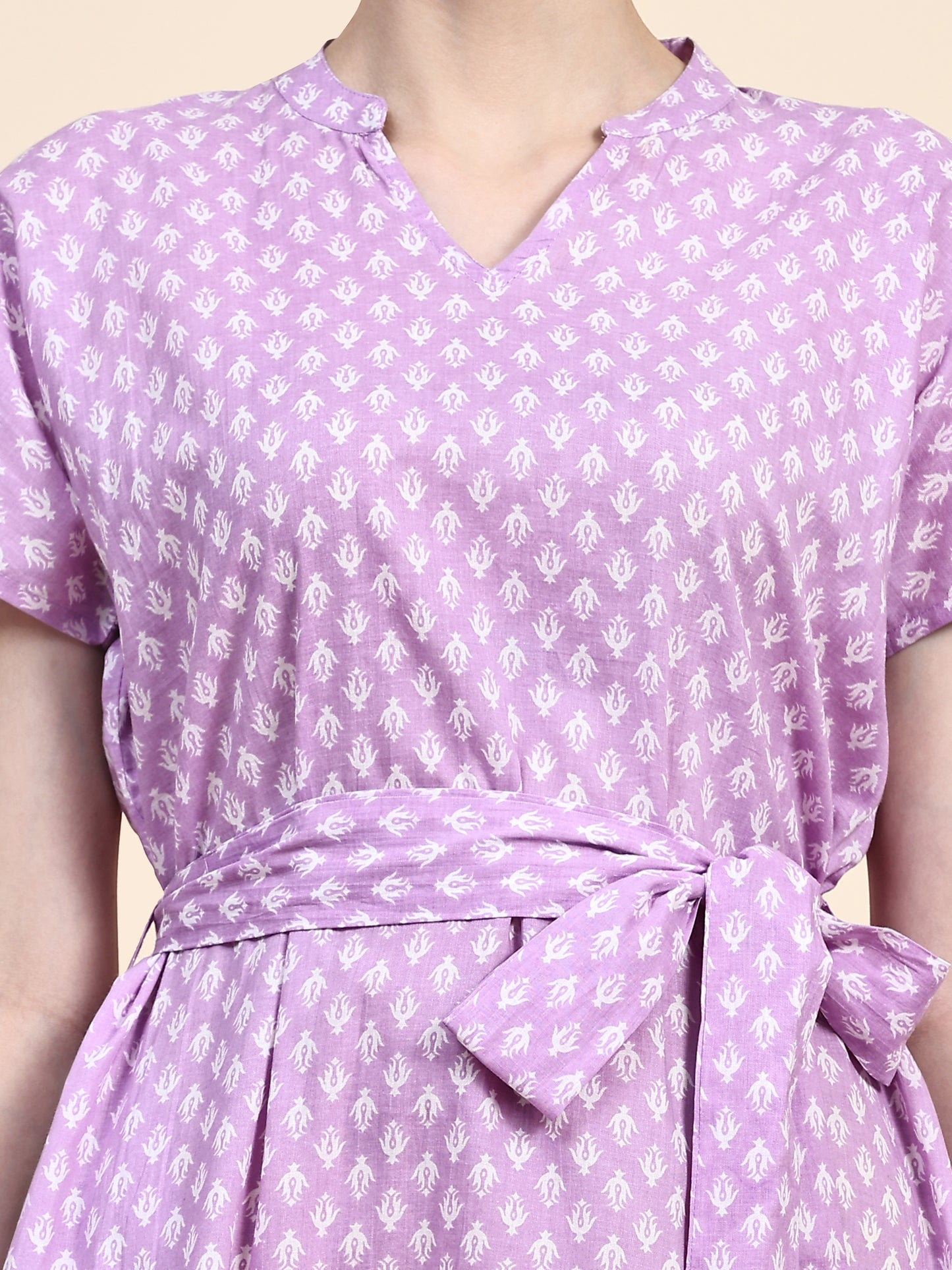 Lavender Band Collar Oversized V Neck Belted Knee Dress