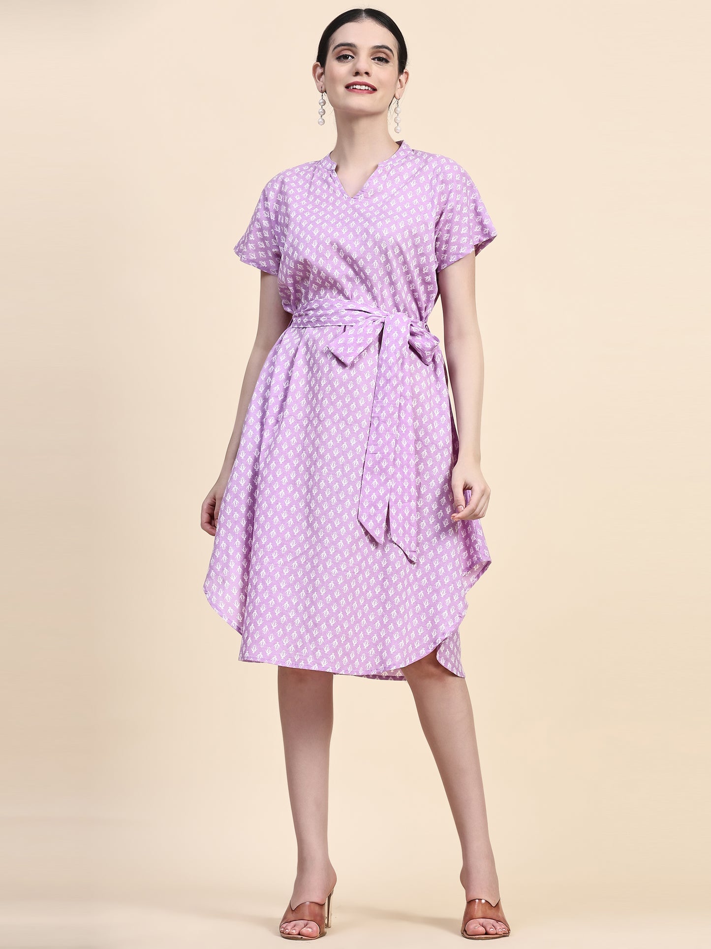 Lavender Band Collar Oversized V Neck Belted Knee Dress
