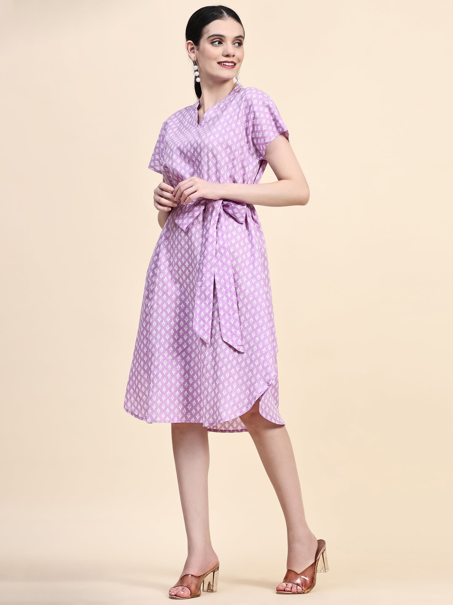 Lavender Band Collar Oversized V Neck Belted Knee Dress