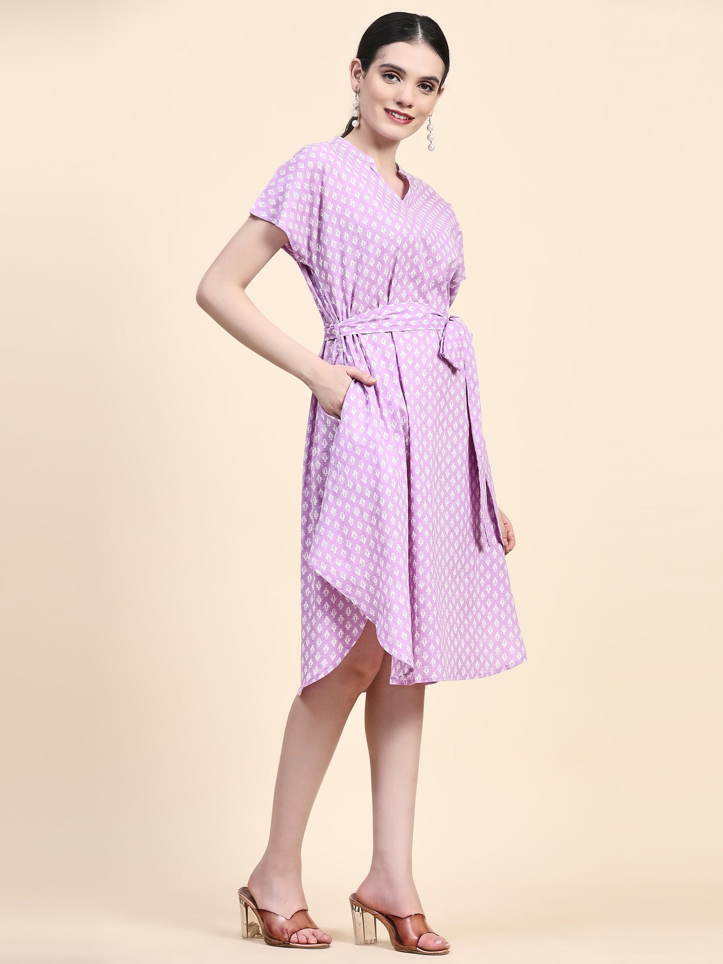Lavender Band Collar Oversized V Neck Belted Knee Dress
