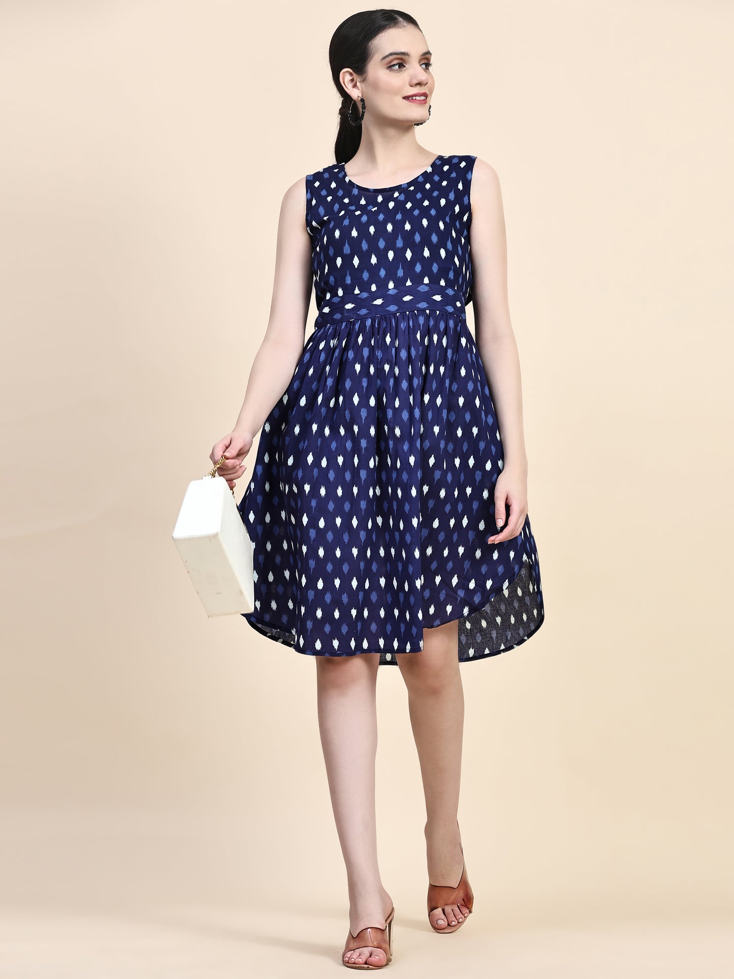Navy Printed Back Bow Tie Up Flared Dress