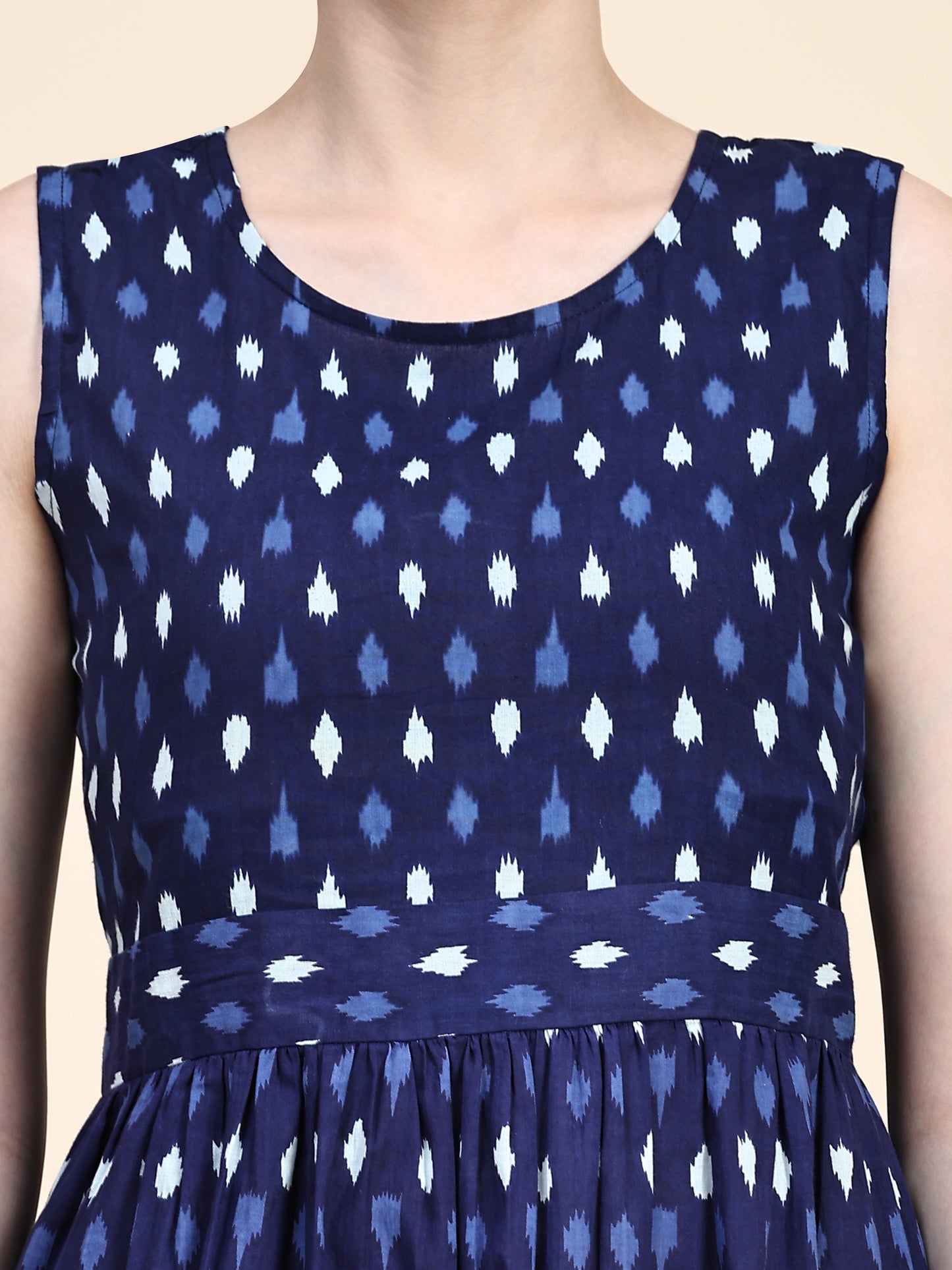 Navy Printed Back Bow Tie Up Flared Dress