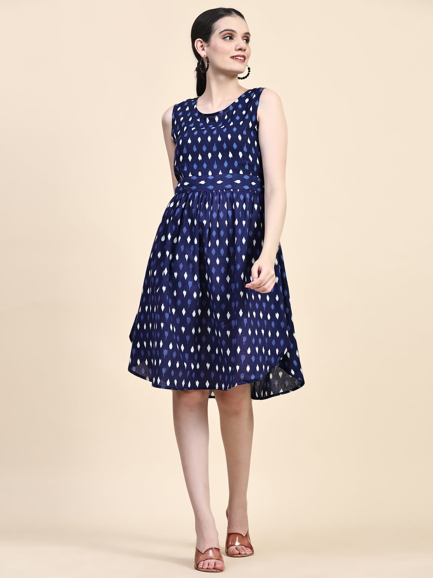 Navy Printed Back Bow Tie Up Flared Dress