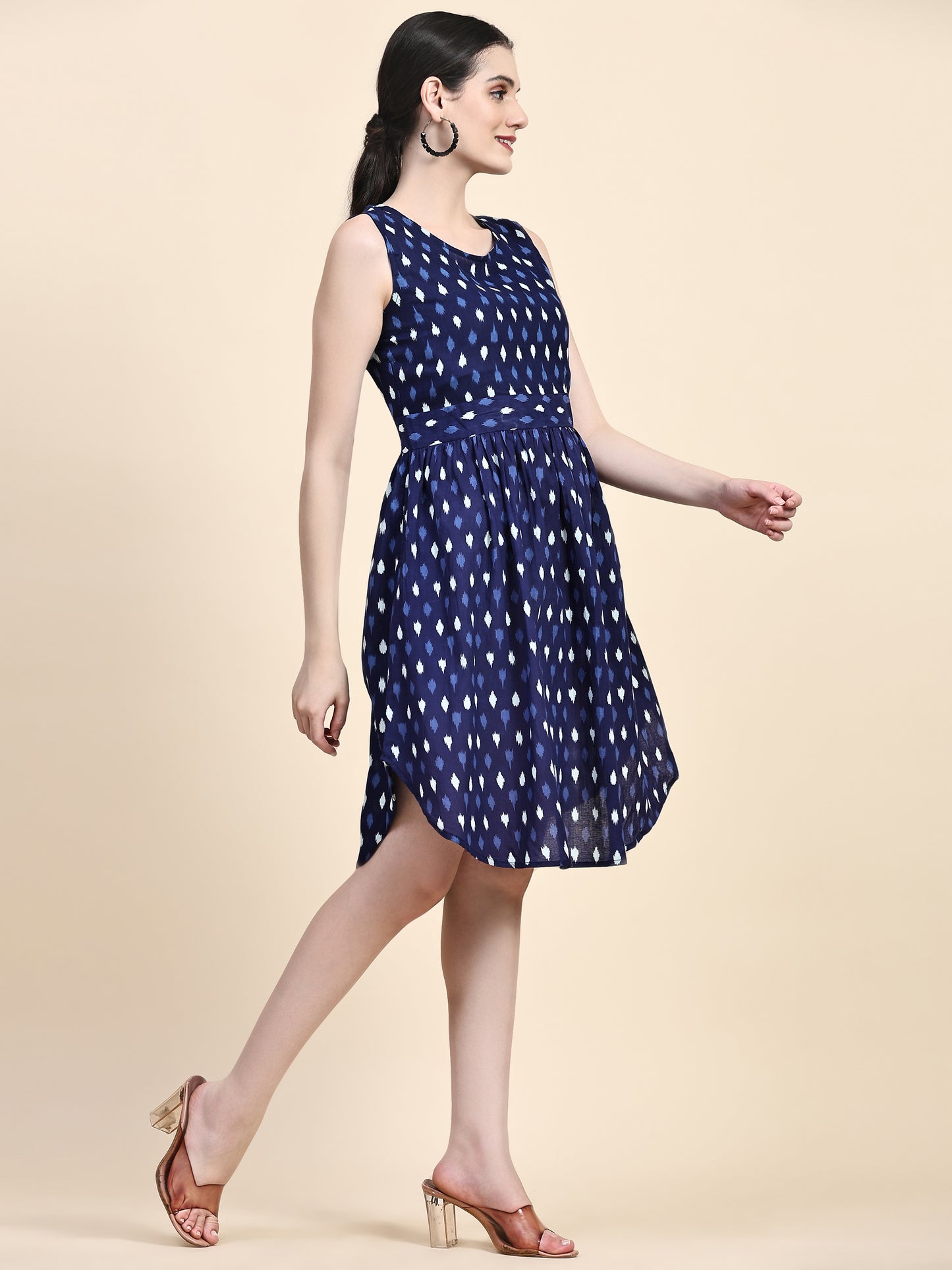 Navy Printed Back Bow Tie Up Flared Dress