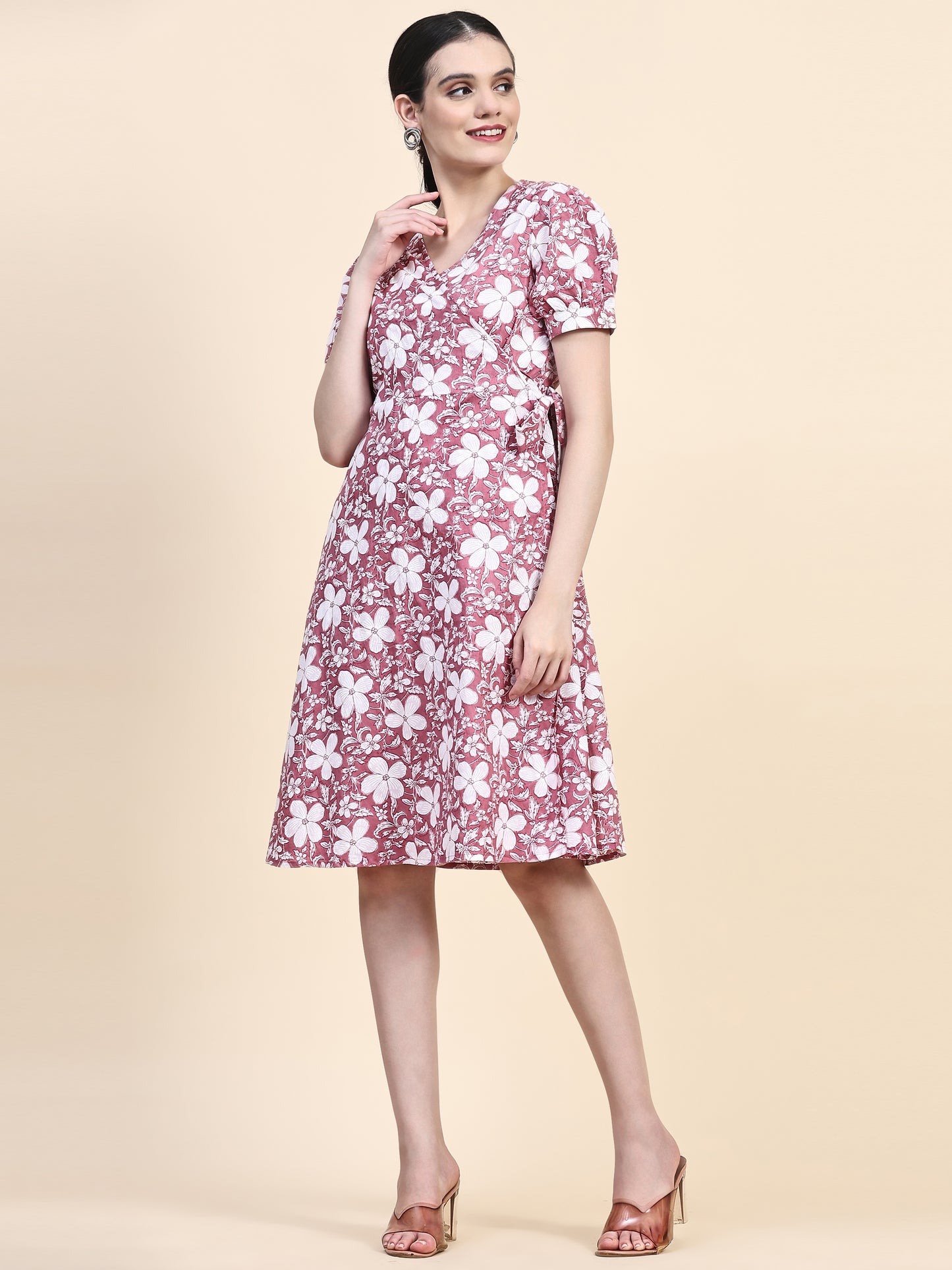 Pink Printed Wrap Around Dress