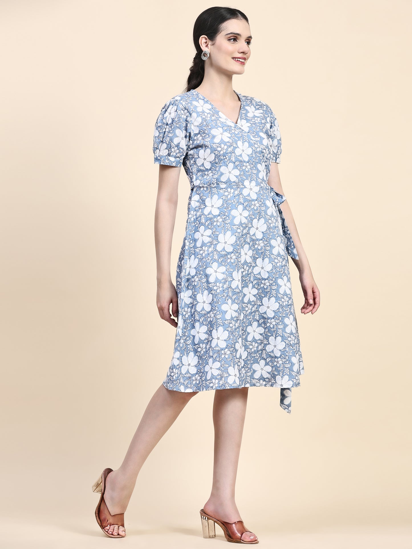 Blue Printed Wrap Around Dress