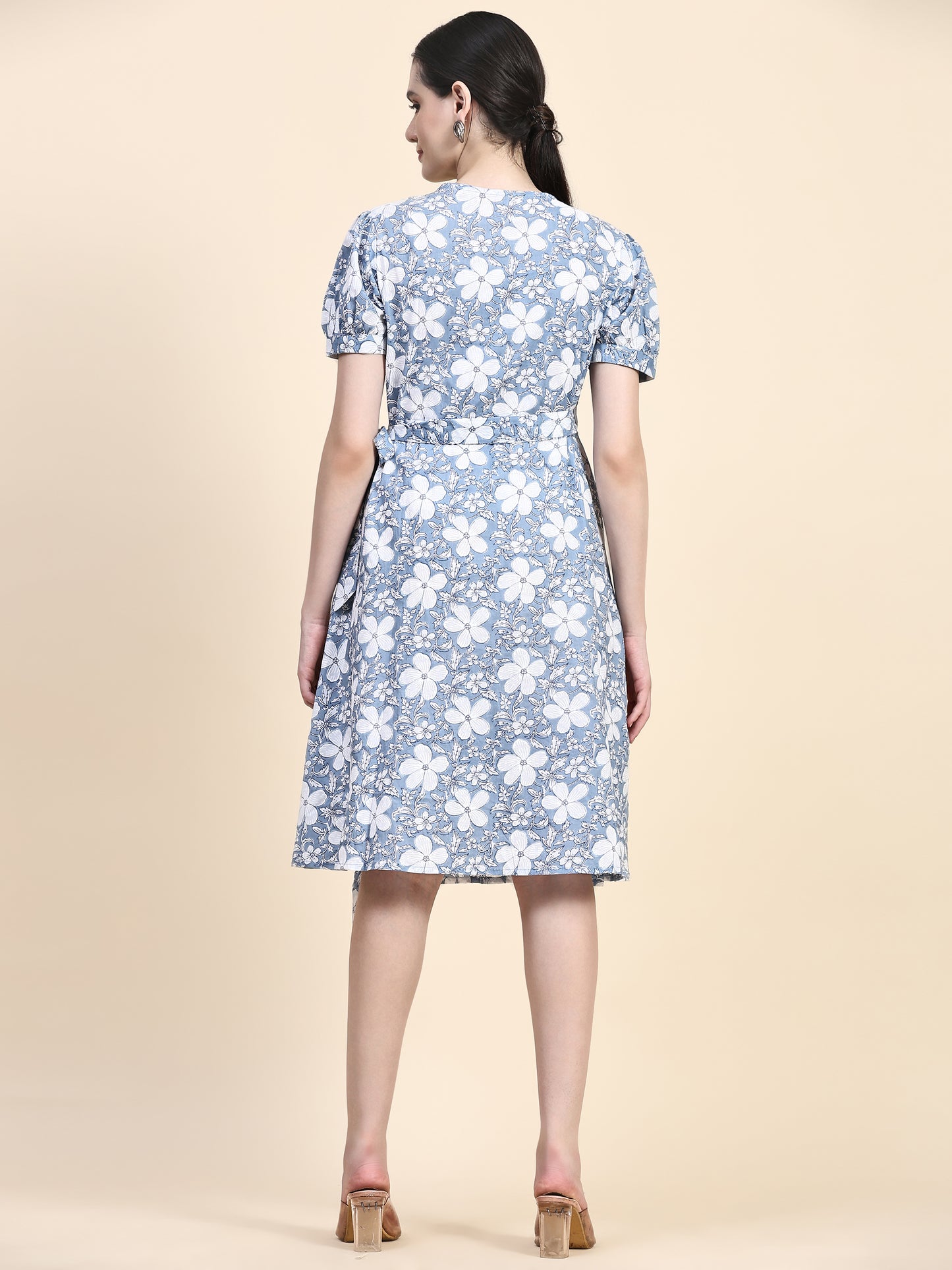 Blue Printed Wrap Around Dress