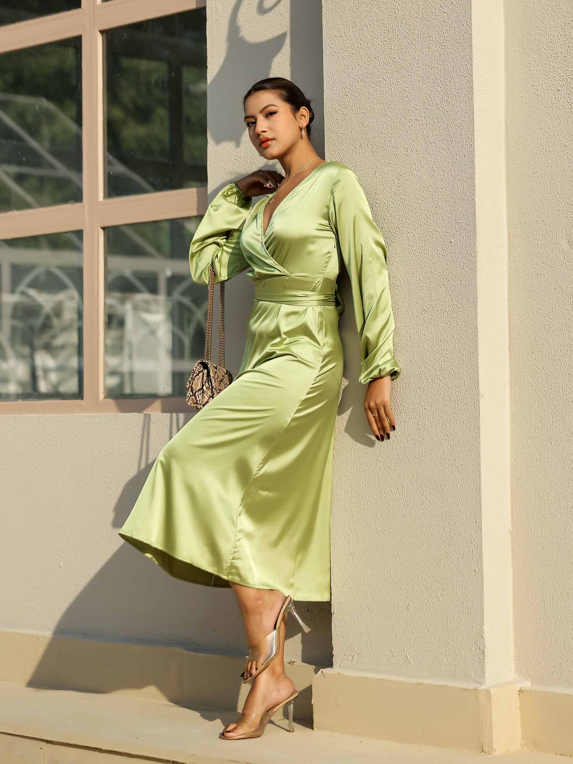 Pistachio Green Satin Long Sleeve Maxi Dress Pistachio Green Satin Long Sleeve Maxi Dress