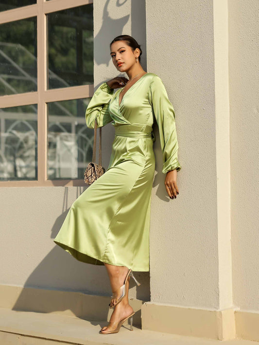 Pistachio Green Satin Long Sleeve Maxi Dress