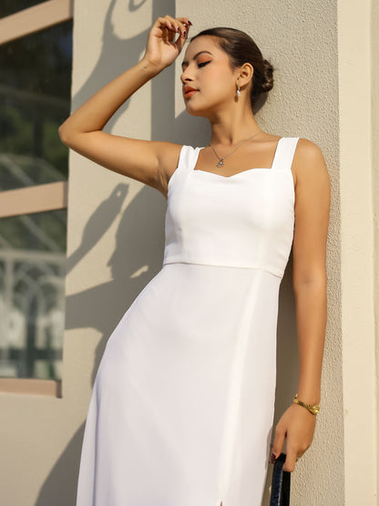 Off White Sweetheart Neck Slit Dress