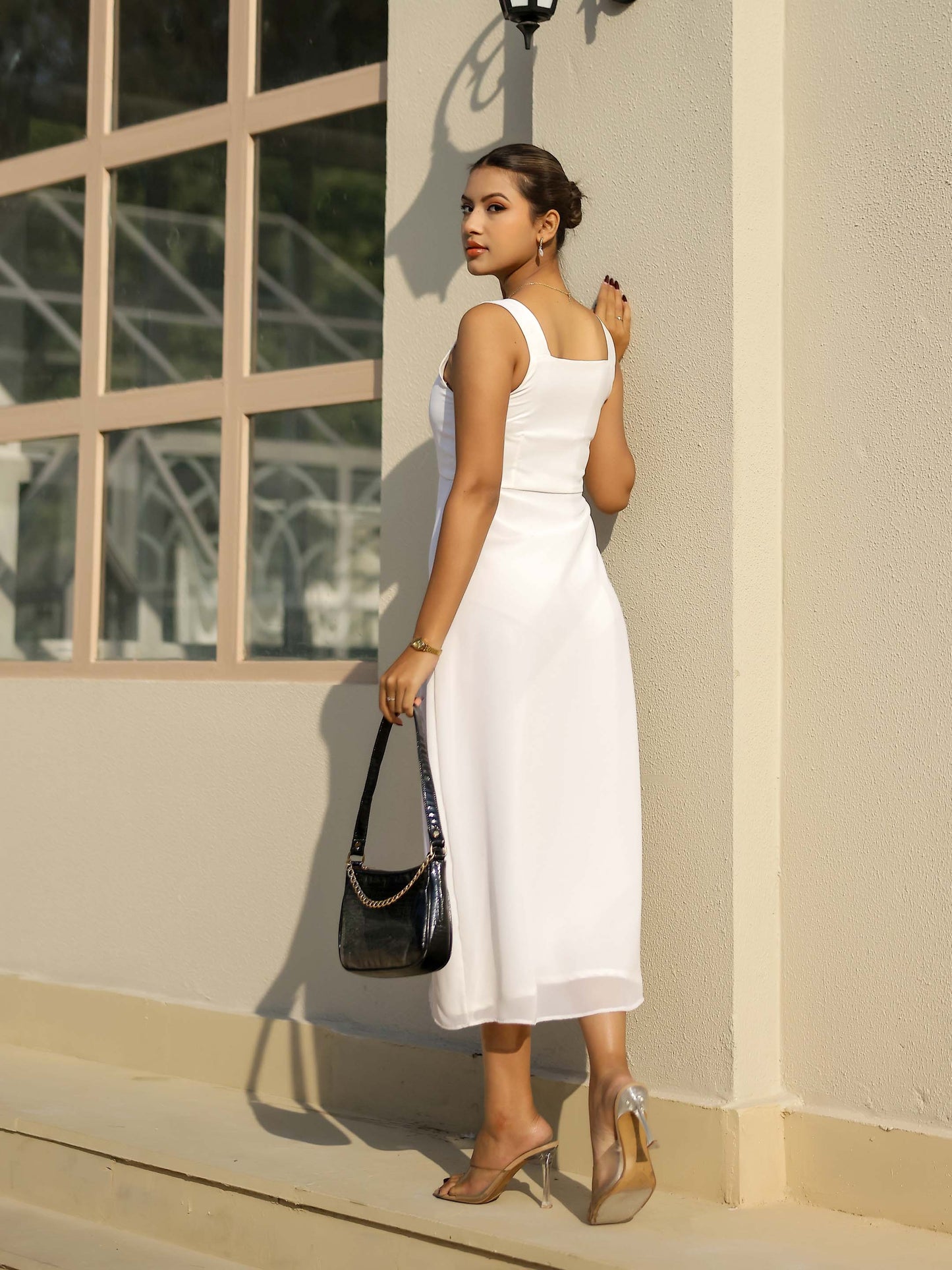 Off White Sweetheart Neck Slit Dress