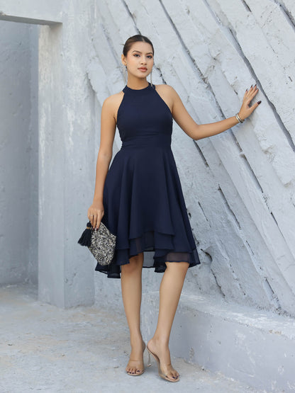 Navy Halter Neck A-line Dress