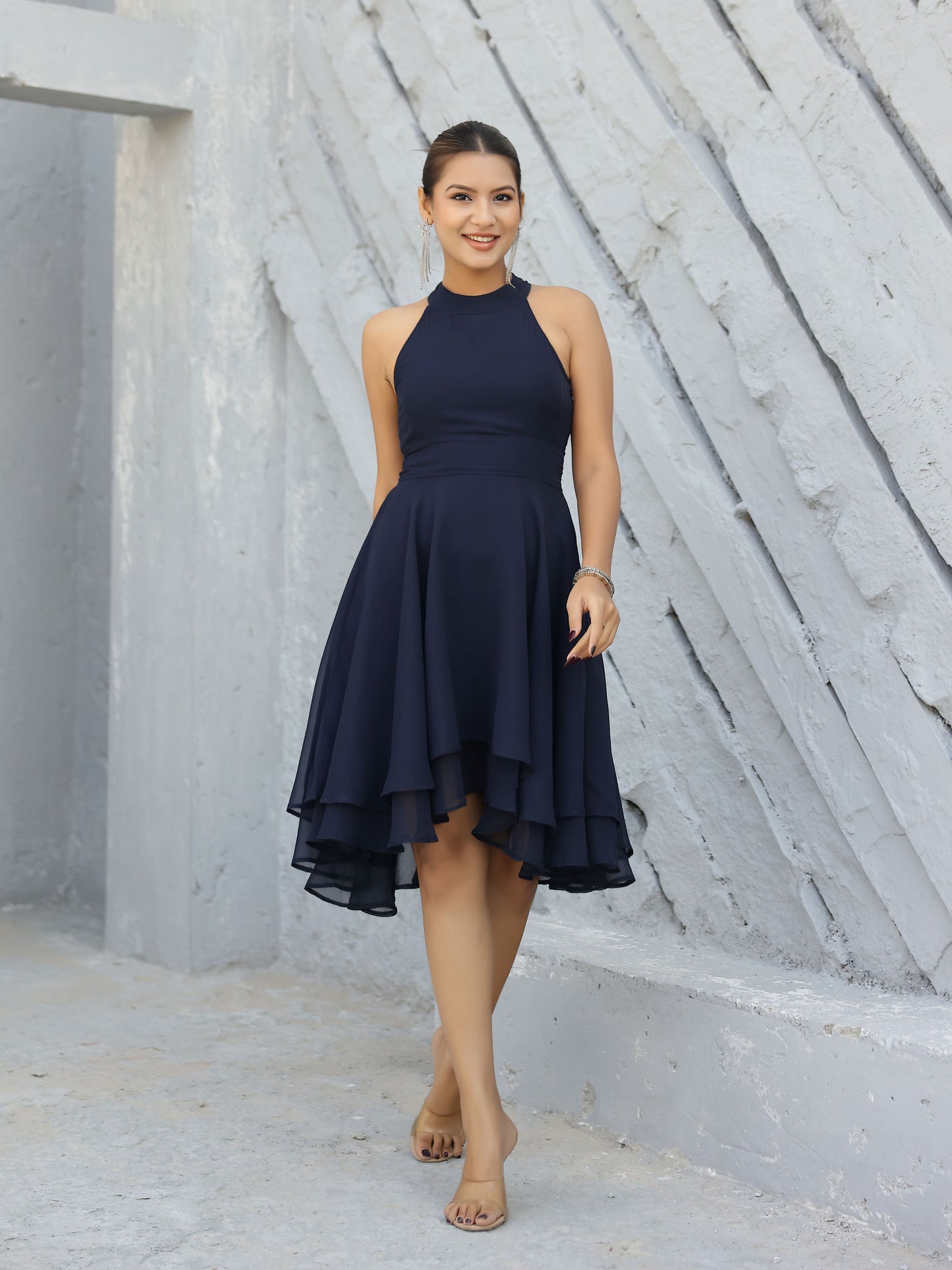 Navy Halter Neck A-line Dress