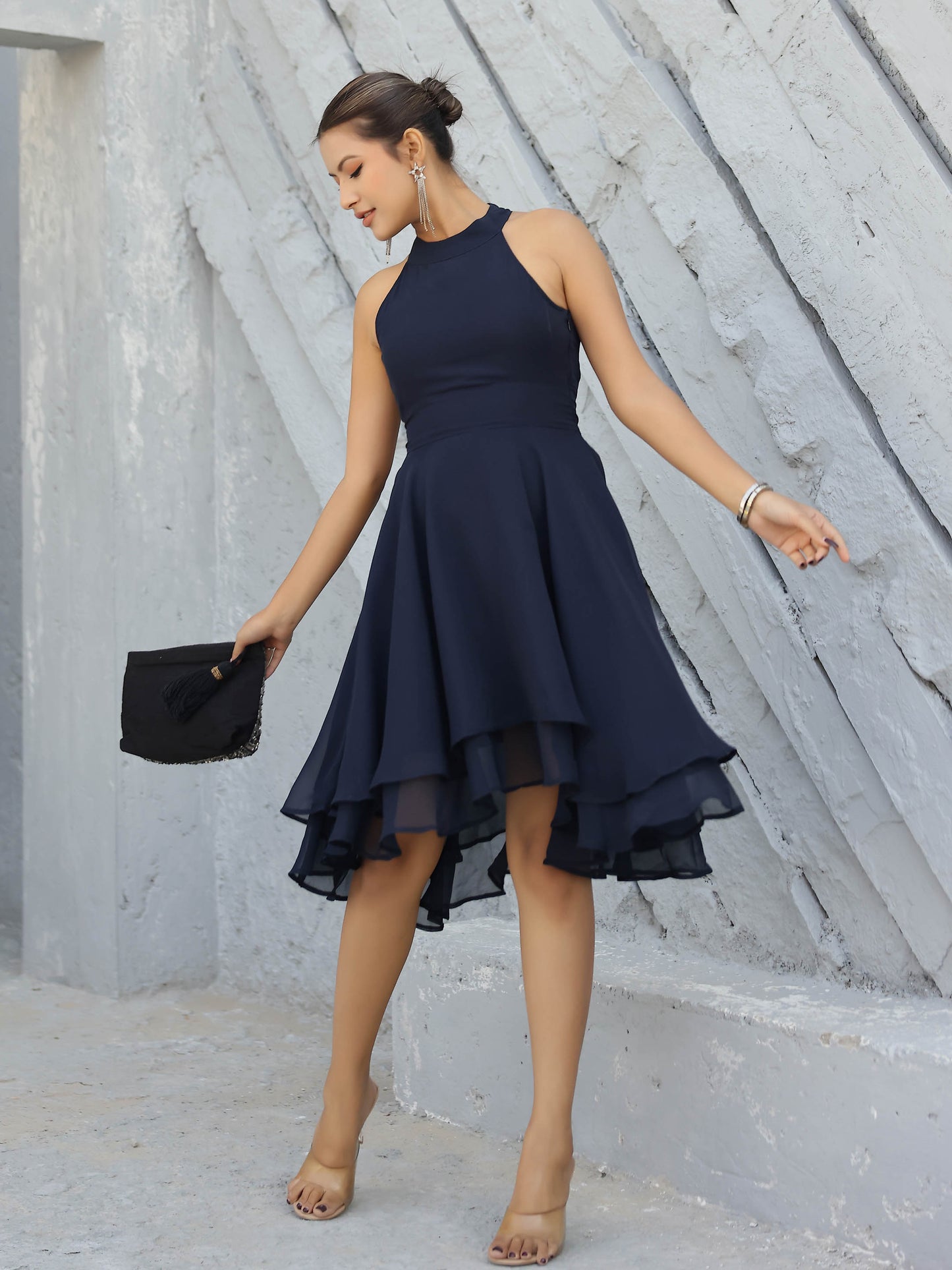 Navy Halter Neck A-line Dress