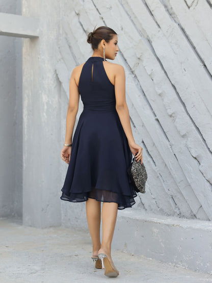 Navy Halter Neck A-line Dress