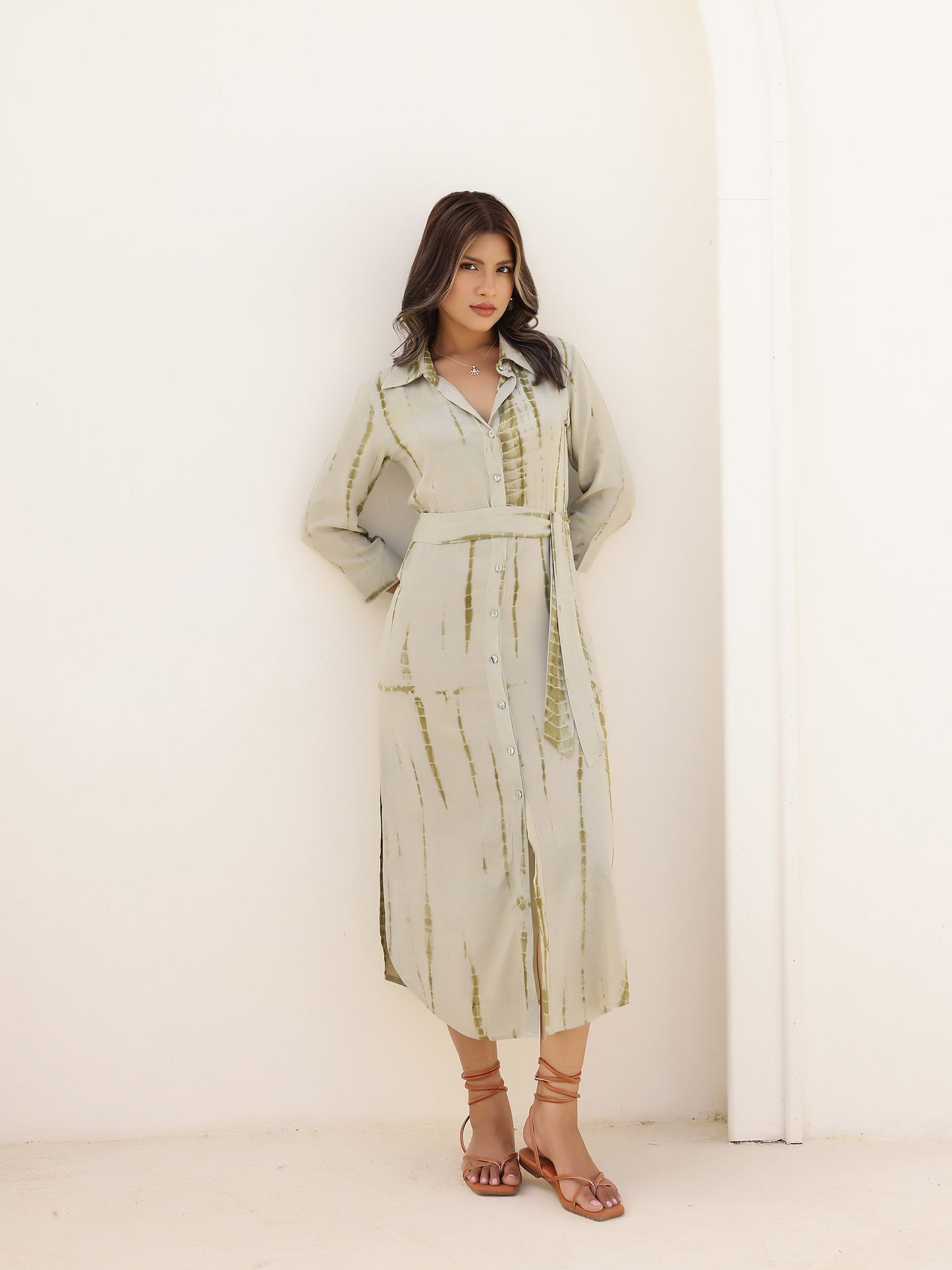 Green Shibori Tie Dye Fitted Side Slit Shirt Dress