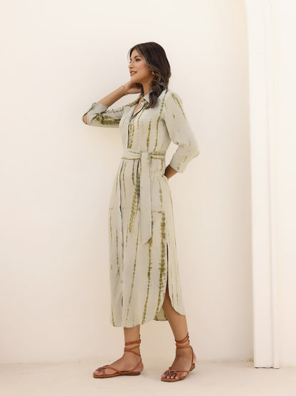 Green Shibori Tie Dye Fitted Side Slit Shirt Dress