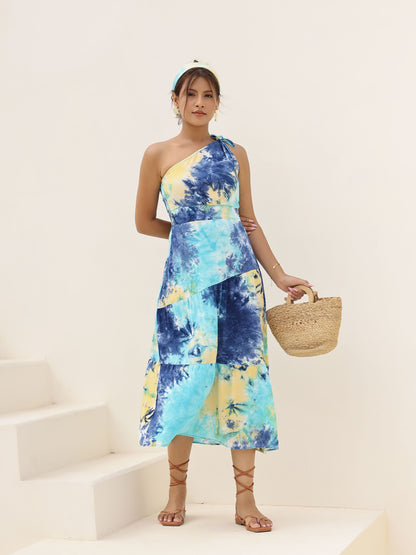 Blue Tie Dye One Shoulder Knot Dress