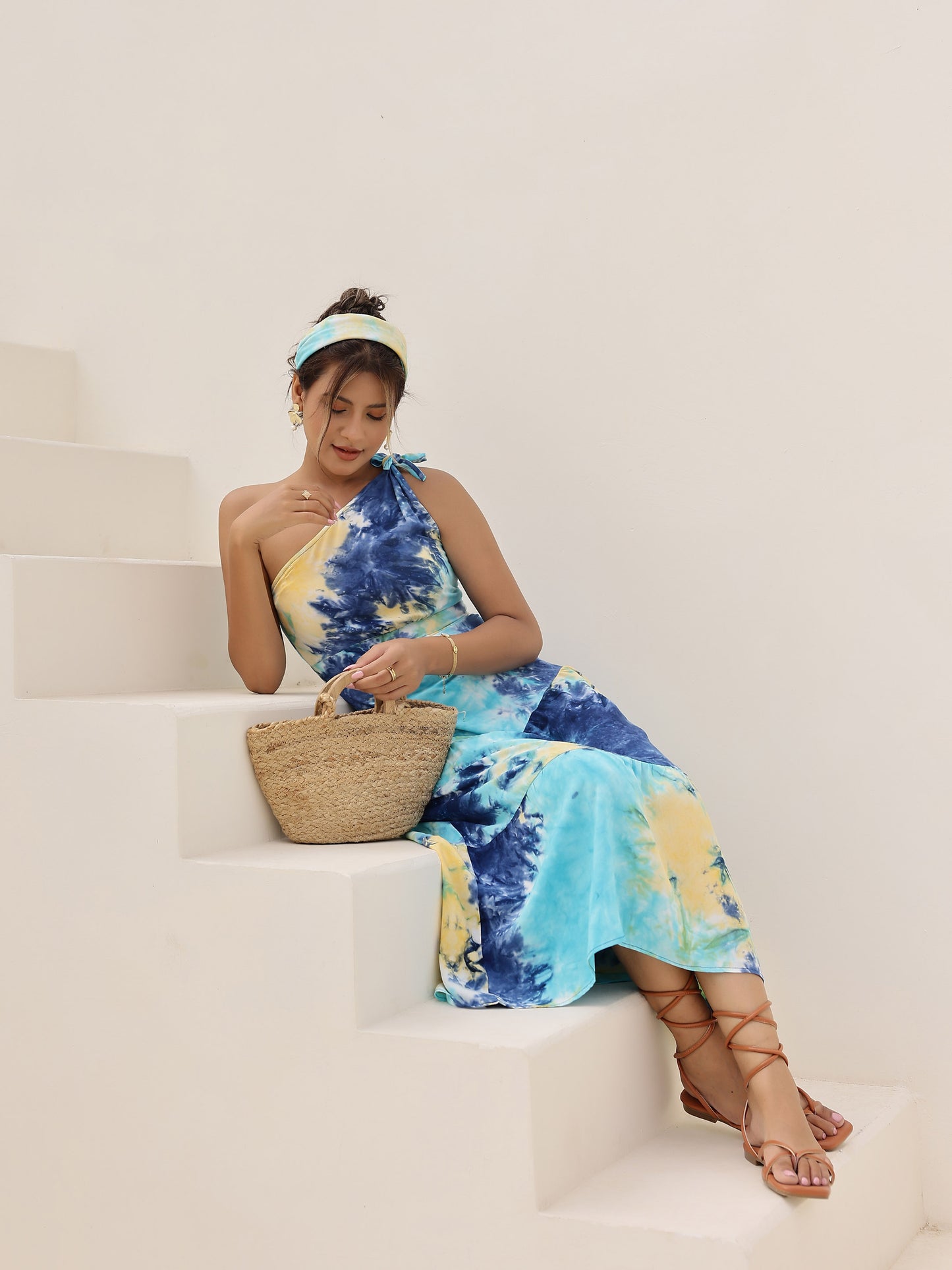 Blue Tie Dye One Shoulder Knot Dress