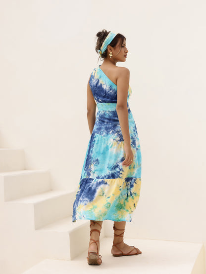 Blue Tie Dye One Shoulder Knot Dress