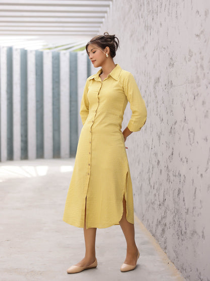 Yellow Striped Design Fitted Side Slit Shirt Dress