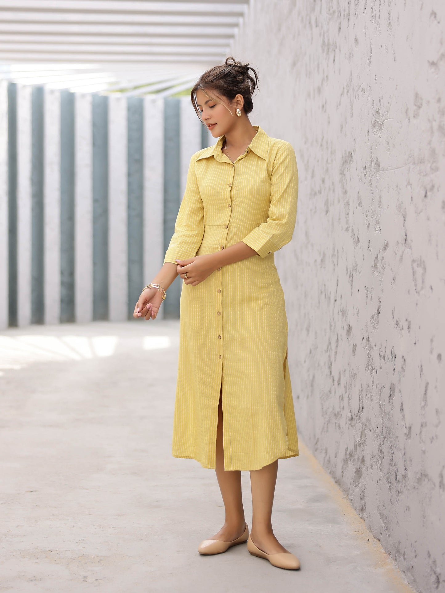 Yellow Striped Design Fitted Side Slit Shirt Dress