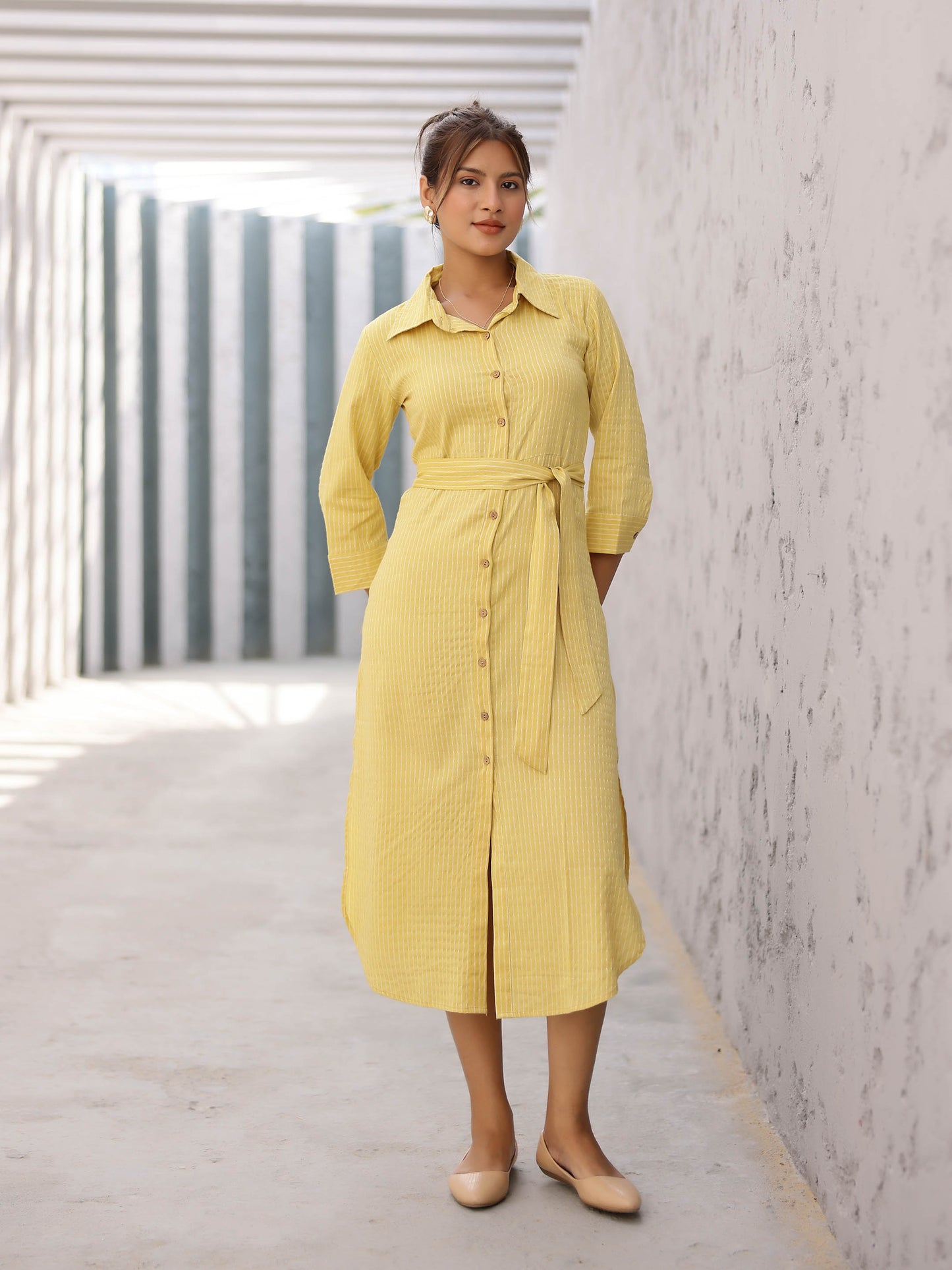 Yellow Striped Design Fitted Side Slit Shirt Dress