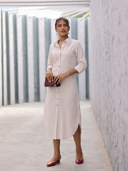 Beige Striped Fitted Side Slit Shirt Dress