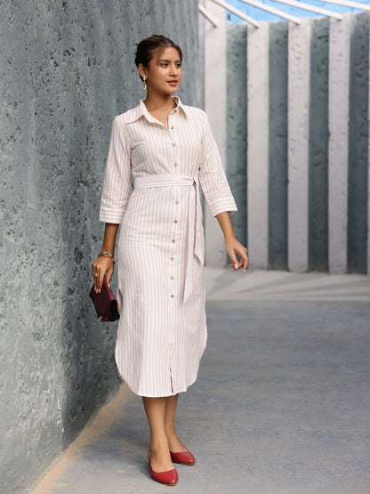 Beige Striped Fitted Side Slit Shirt Dress