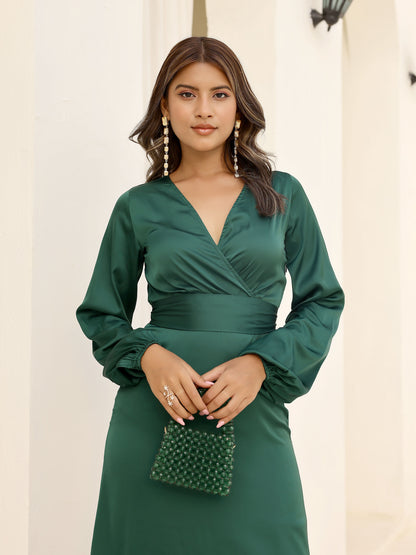 Emerald Green Satin Long Sleeve Maxi Dress