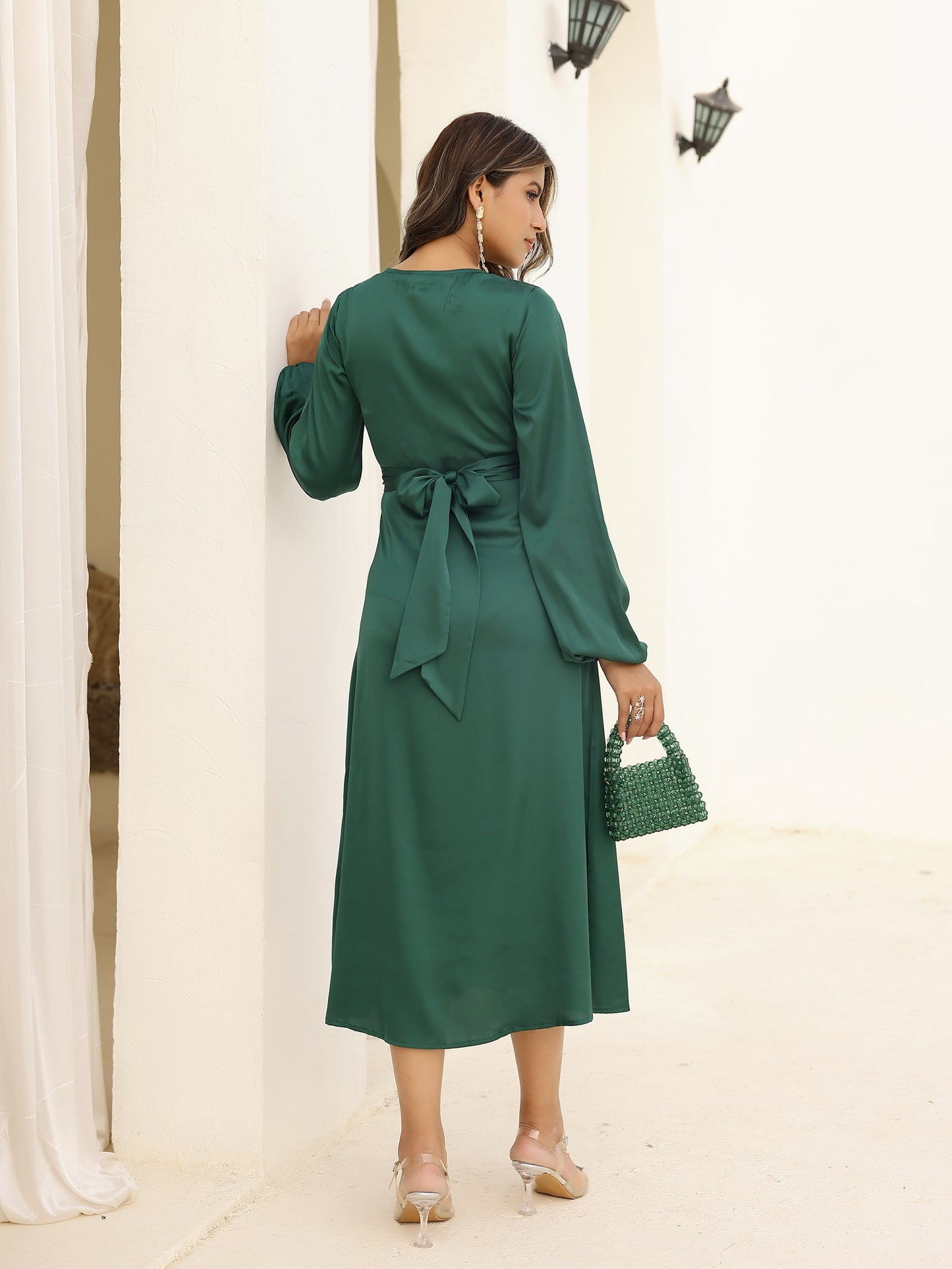 Emerald Green Satin Long Sleeve Maxi Dress